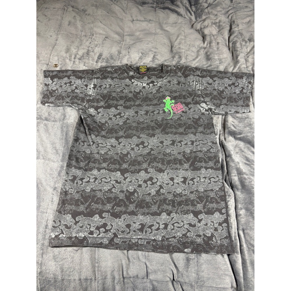 Gecko Hawaii Mens Large Black Grey All Over Print Neon Logo T-Shirt Made in USA